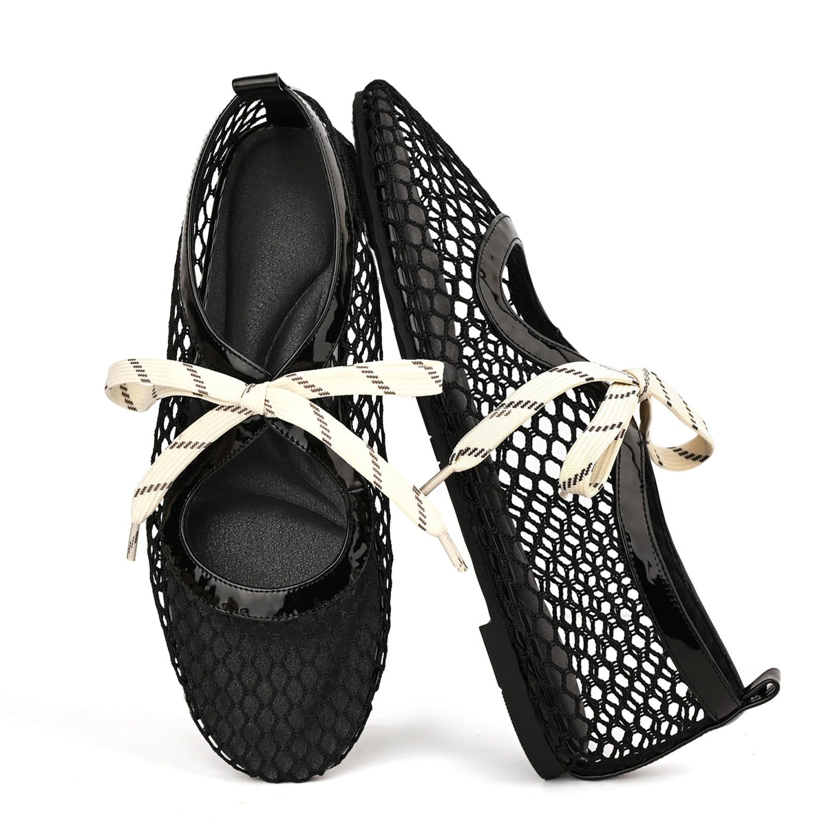CHARMUST Lace Up Ballet Flats for Women Mary Jane Shoes,Black Mesh,5.5