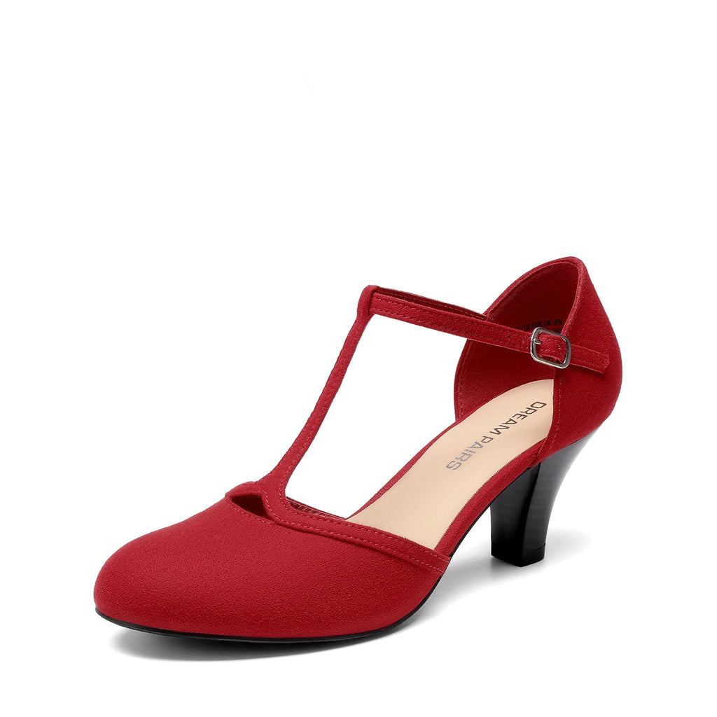 DREAM PAIRS Women's T-Strap Block Dress Heels Pumps,Red,8