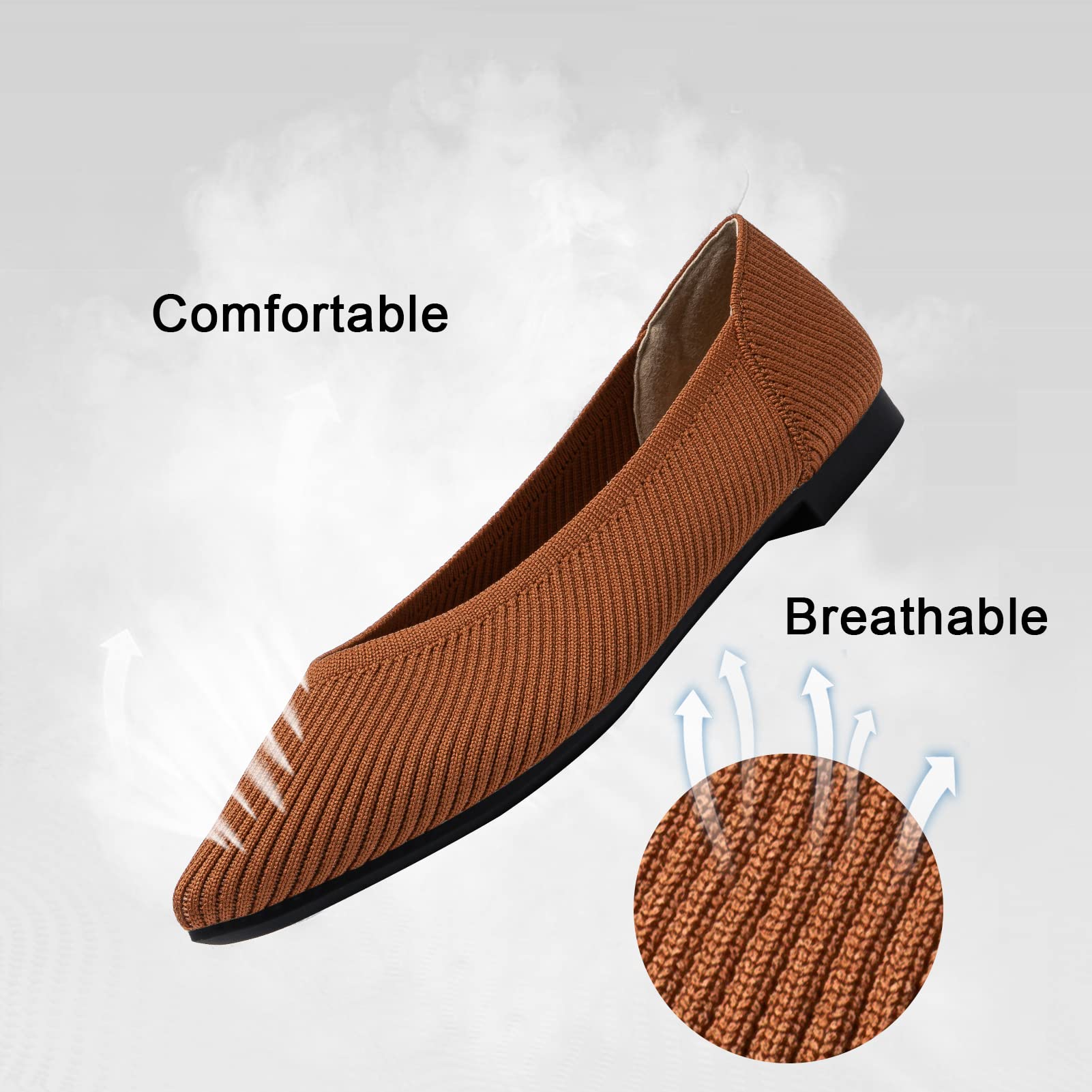 TINGRISE Women's Flats Shoes Pointed Toe Knit Ballet Comfortable Dressy Slip On Flat Brown US8