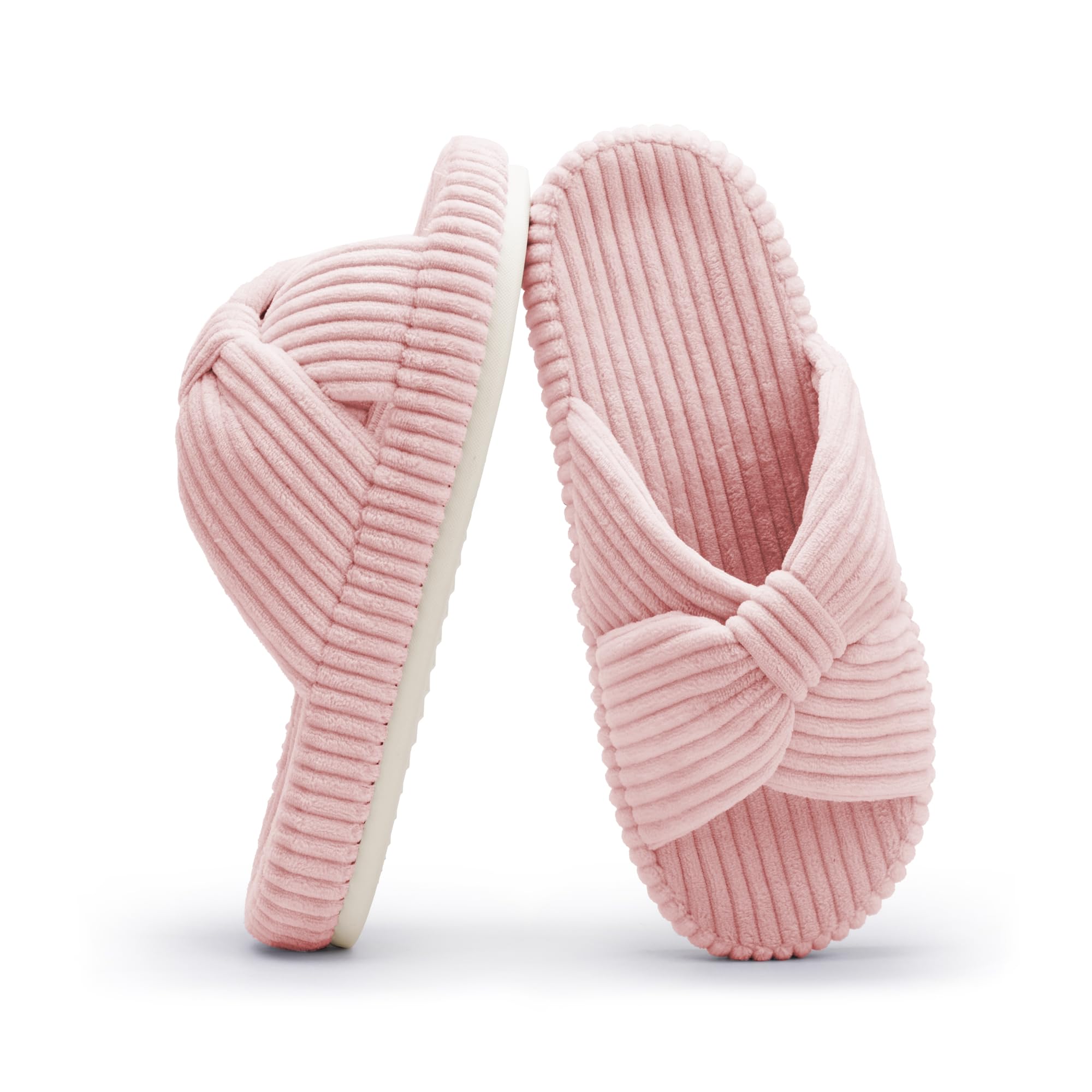 Chantomoo Slippers for Women Memory Foam House Bedroom Corduroy Bow Crossbands Slipper Shoes Comfy Trendy Gift Slippers Pink Size 7 8 6.5