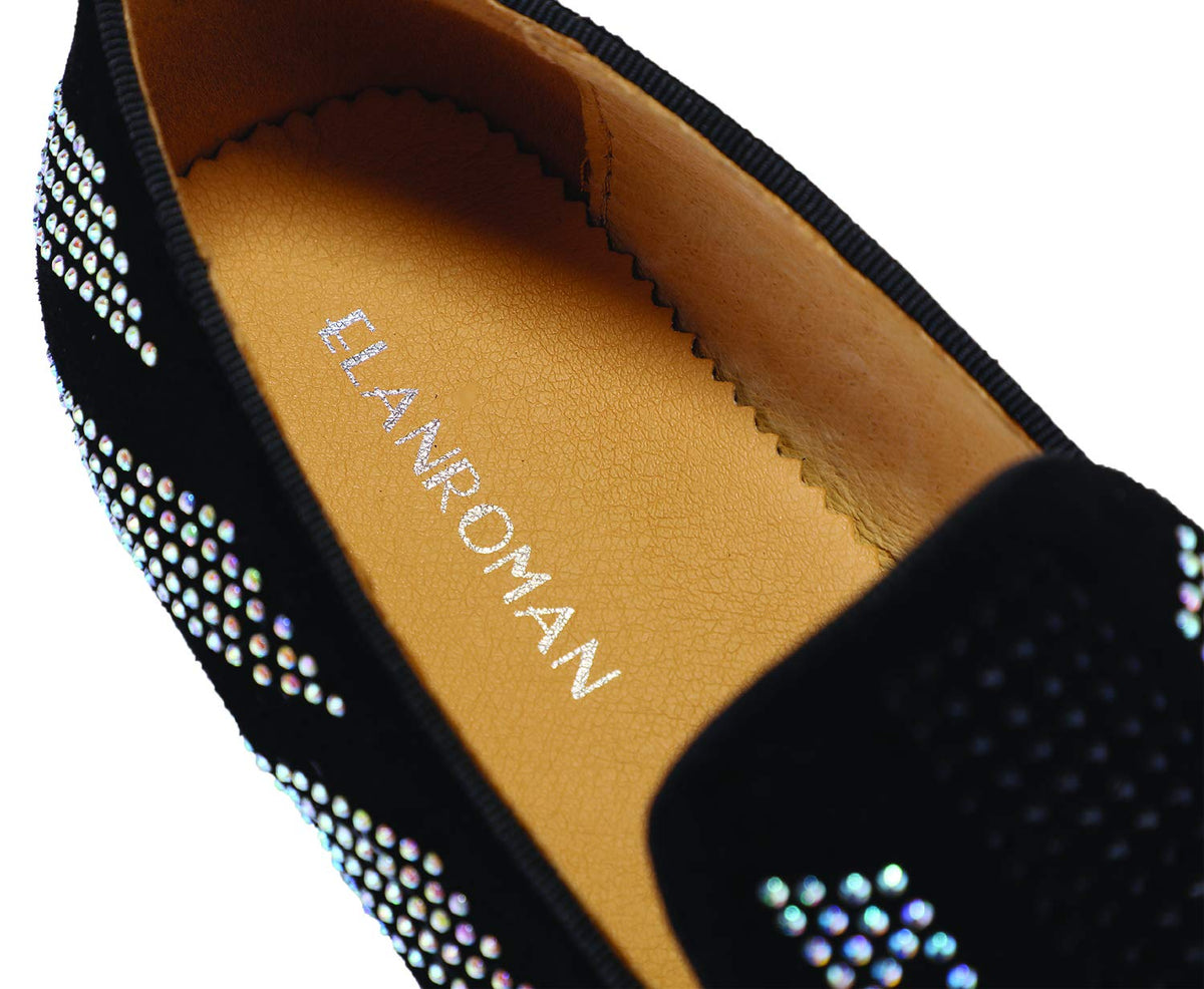 ELANROMAN Black Loafers Men Dress Party Drilling Suede Leather Wedding Penny Prom Shoes US 10