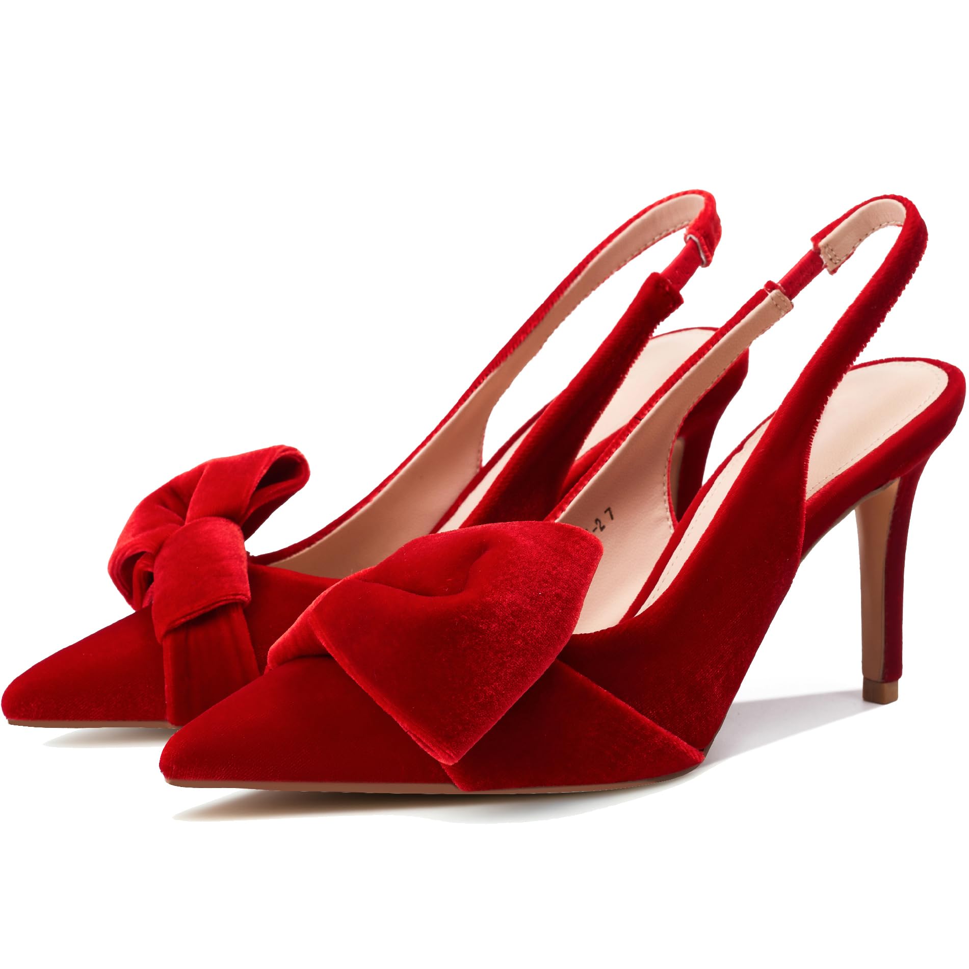 Manoloshow Velvet Elasticated Strap Bowknot Pumps with Slingback Autumn Office Comfy Pointy Toe Shoes for Women High 3.3 Inch Heels Red Size 7