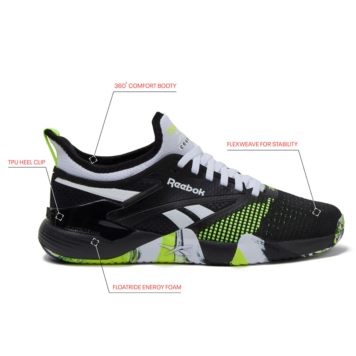 Reebok Nano Court Sport Men's Pickleball or Tennis Shoes for Men, Footwear White/Black/Digital Lime, 10