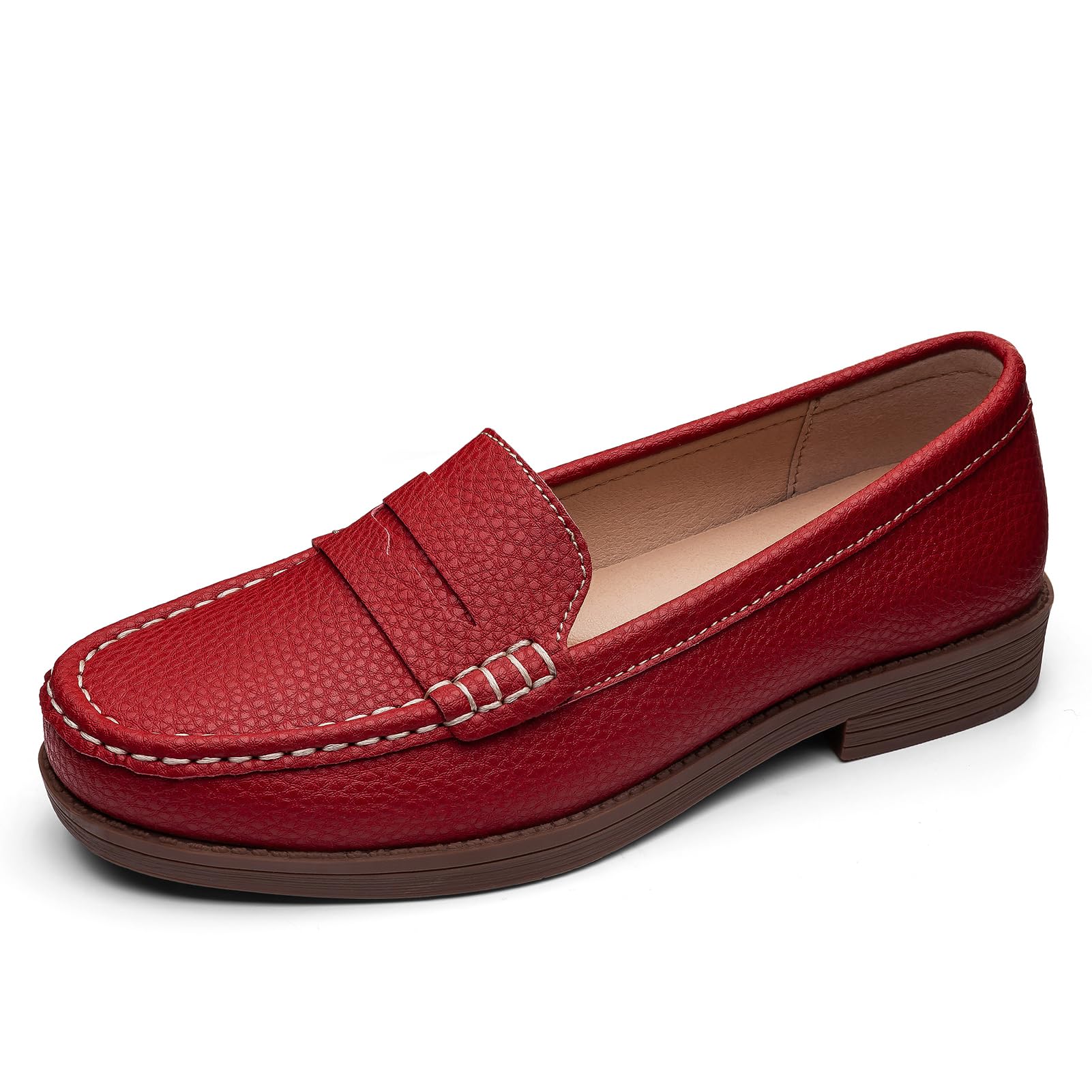 Freeberry Women's Comfortable Leather Penny Loafers Slip On Business Casual Dress Shoes Lightweight Office Work Flats Everyday Walking Shoes for Women, Red, 8 M US