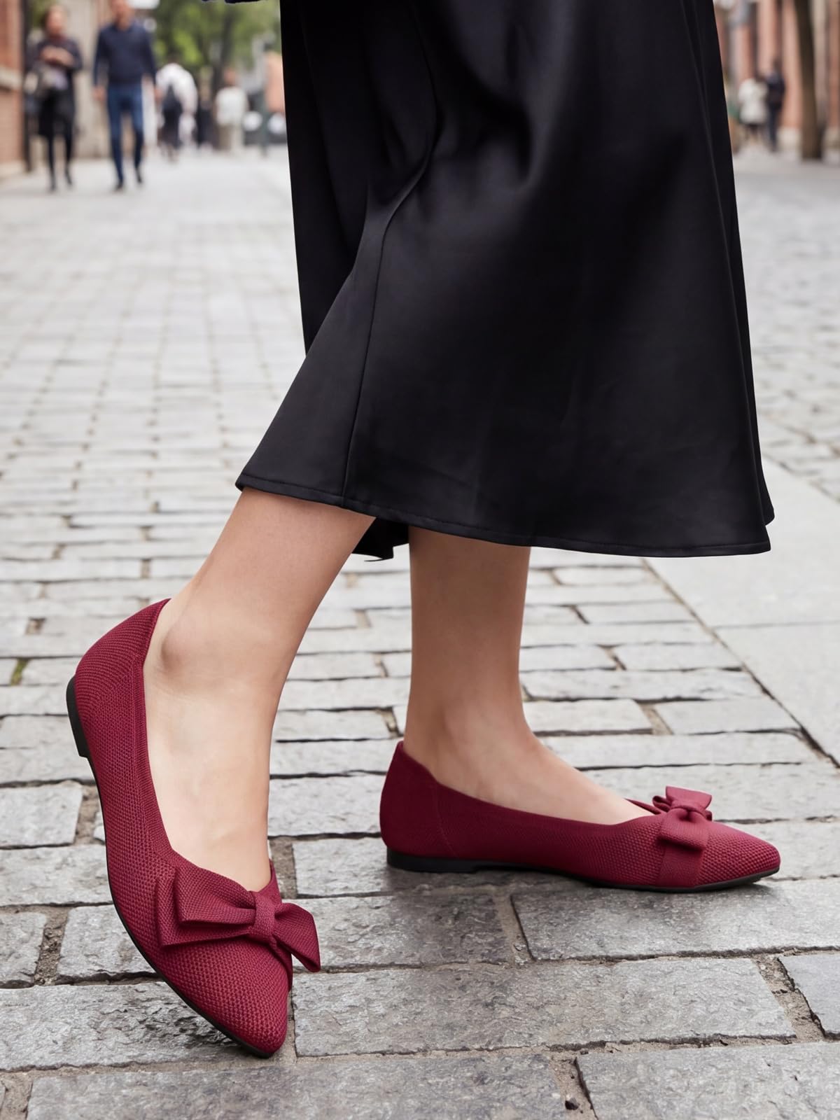 Coutgo Women's Pointed Toe Flats Comfortable Dressy Knit Bow Ballet Flats Slip On Work Casual Shoes, Burgundy, Size 8.5