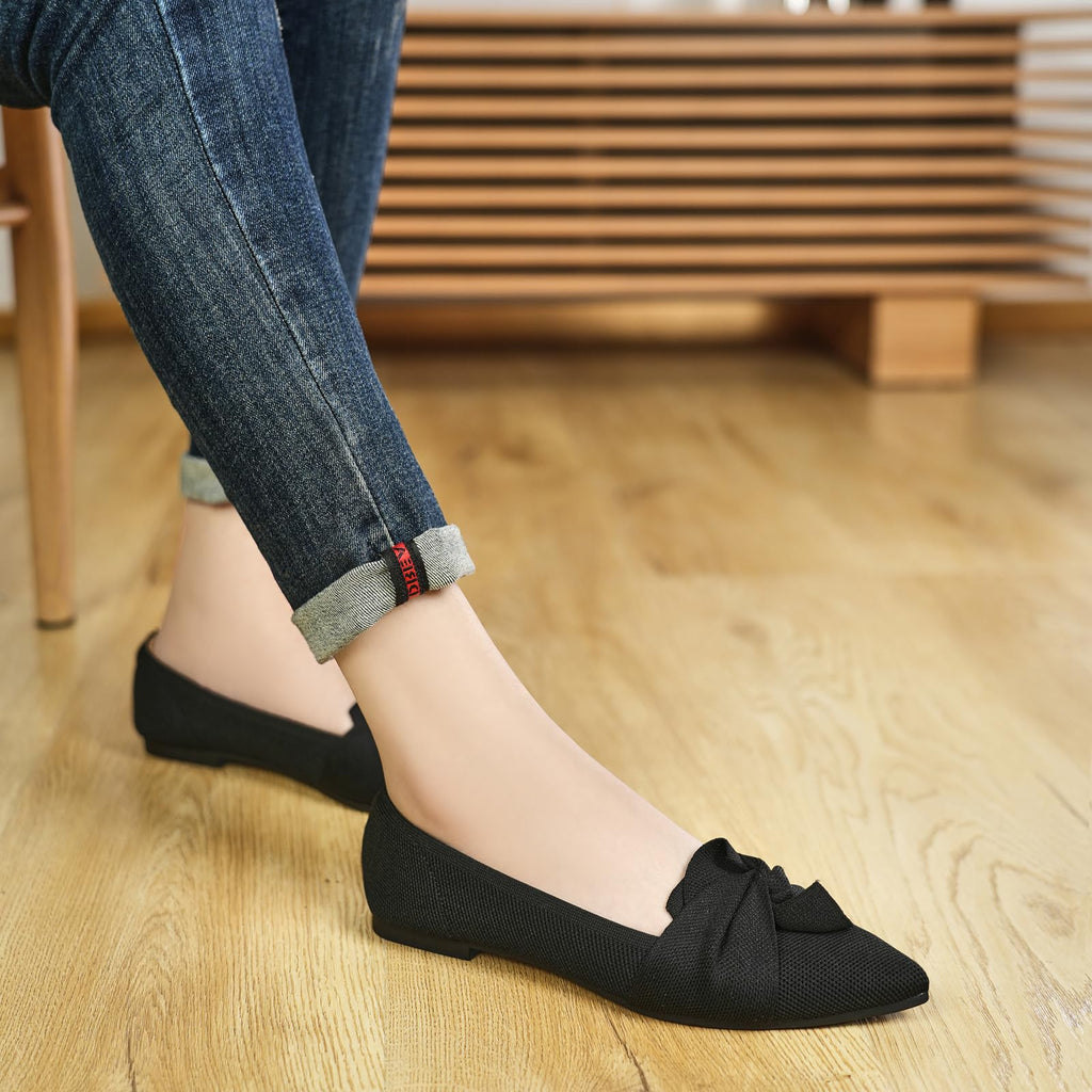 HIULYCENCE Women's Flats Shoes Pointed Toe Ballet Flats with Bow Comfortable Knit Dressy Flats Black US8.5