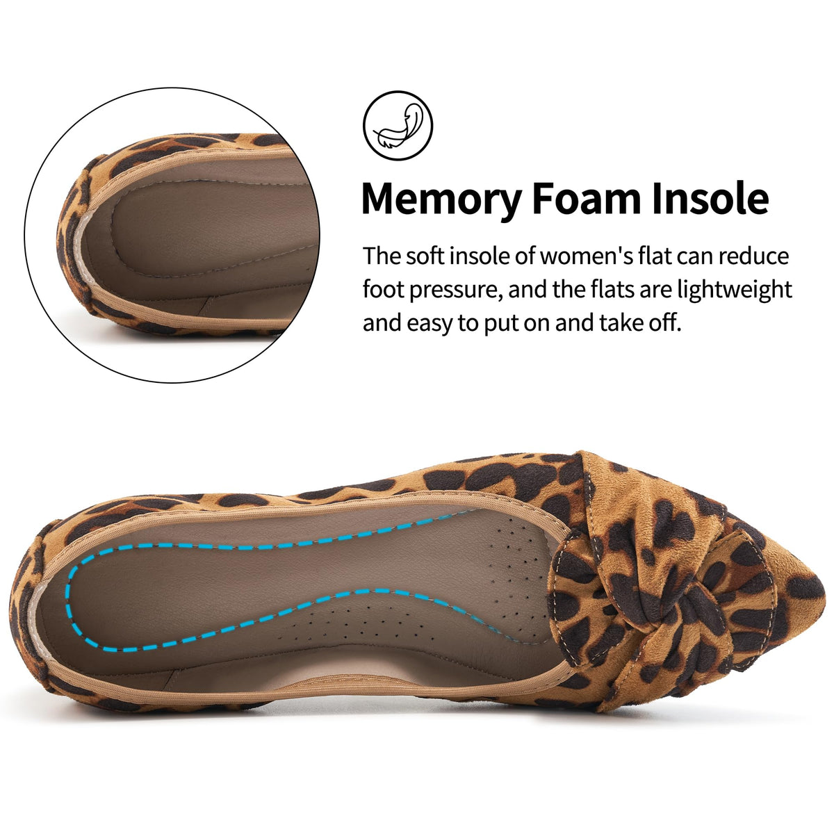 Aomigoct Comfortable Dressy Flats for Women: Cushioned Insole & Lightweight for All-Day Office Comfort - Slip On & Foldable for Working Professional with Bow Leopard