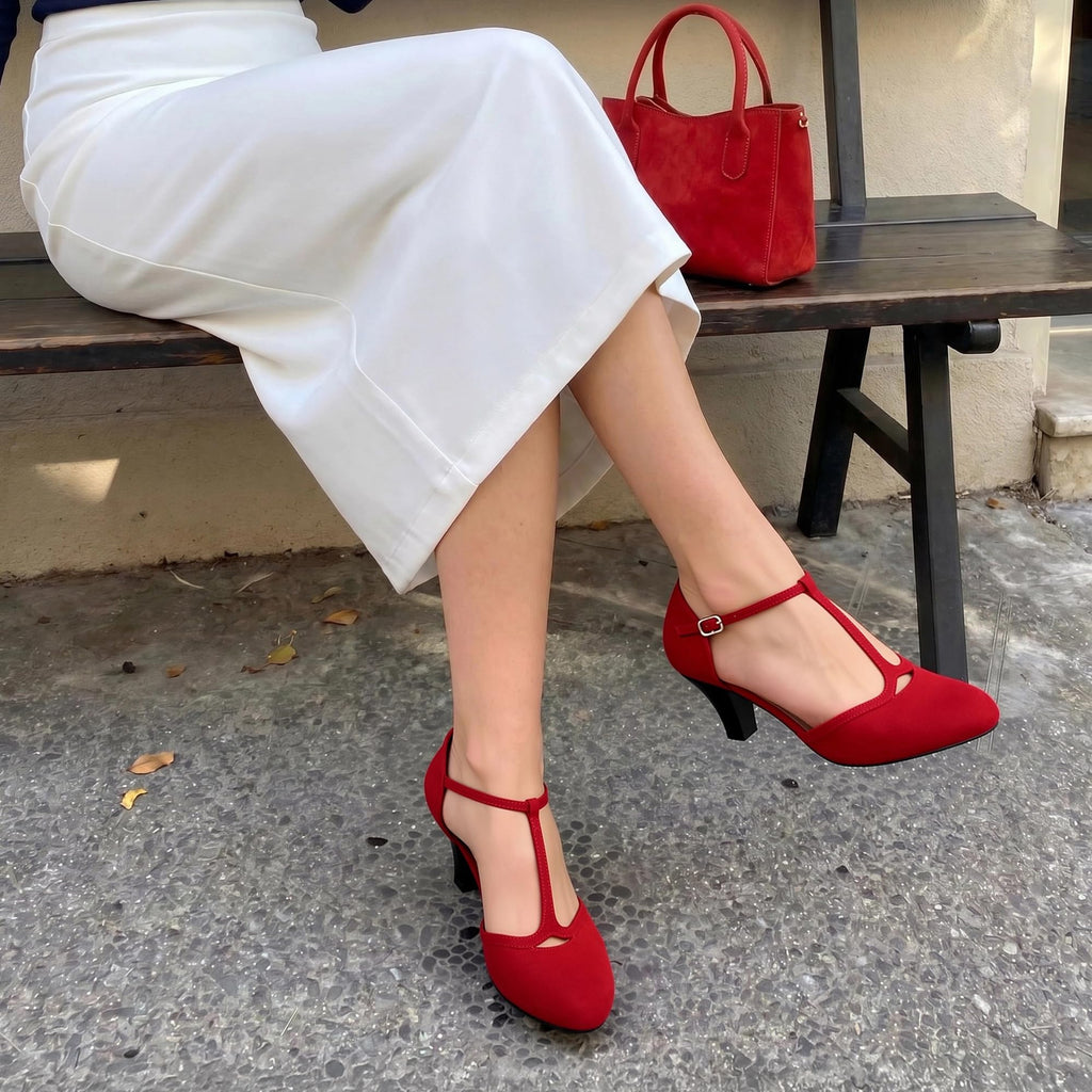 DREAM PAIRS Women's T-Strap Block Dress Heels Pumps,Red,8