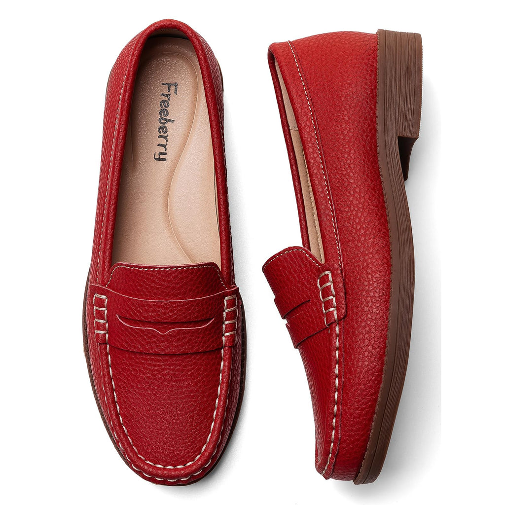 Freeberry Women's Comfortable Leather Penny Loafers Slip On Business Casual Dress Shoes Lightweight Office Work Flats Everyday Walking Shoes for Women, Red, 8 M US