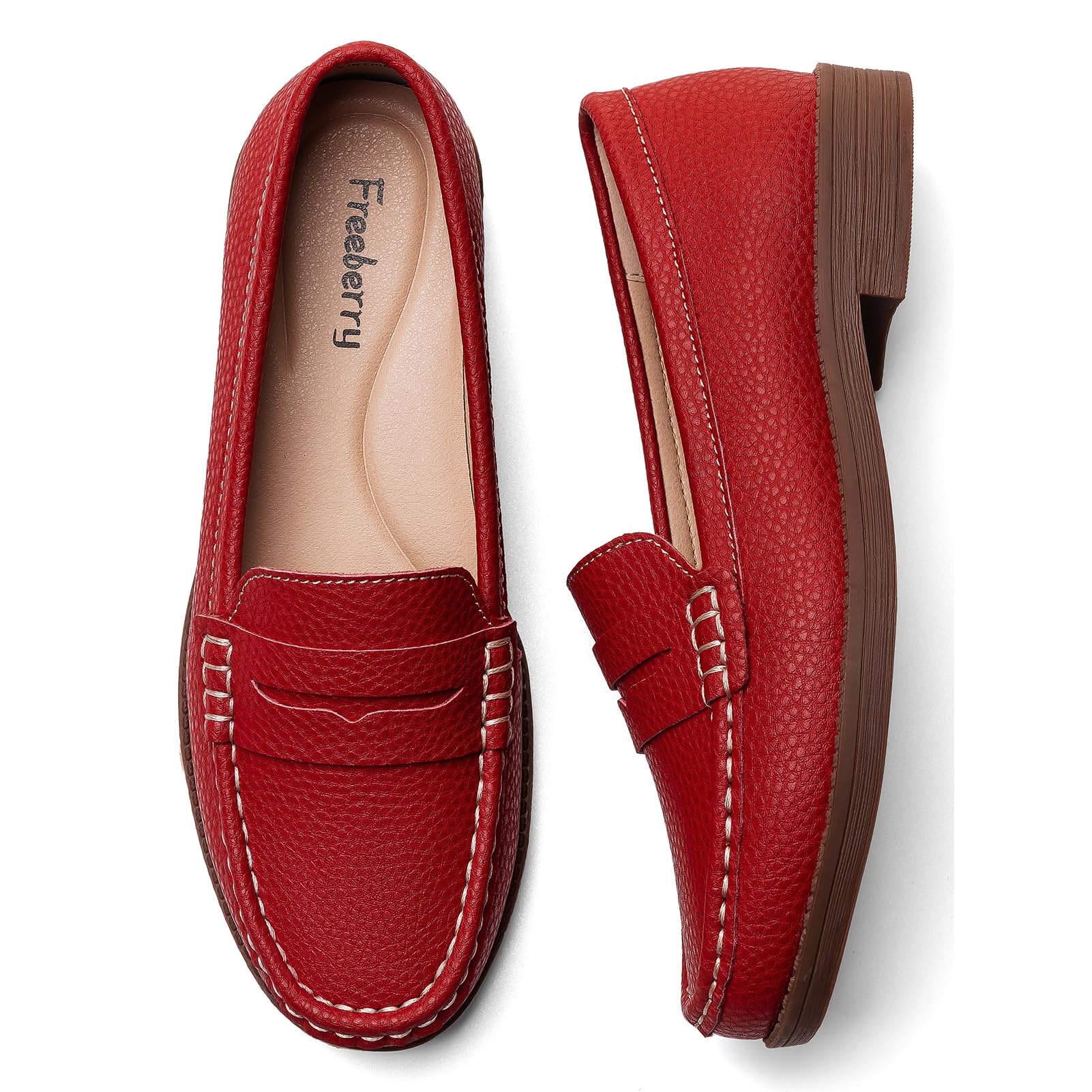Freeberry Women's Comfortable Leather Penny Loafers Slip On Business Casual Dress Shoes Lightweight Office Work Flats Everyday Walking Shoes for Women, Red, 10.5 M US