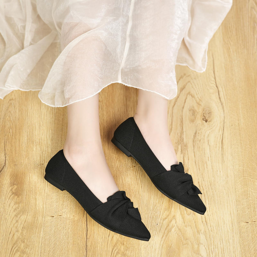 HIULYCENCE Women's Flats Shoes Pointed Toe Ballet Flats with Bow Comfortable Knit Dressy Flats Black US8.5