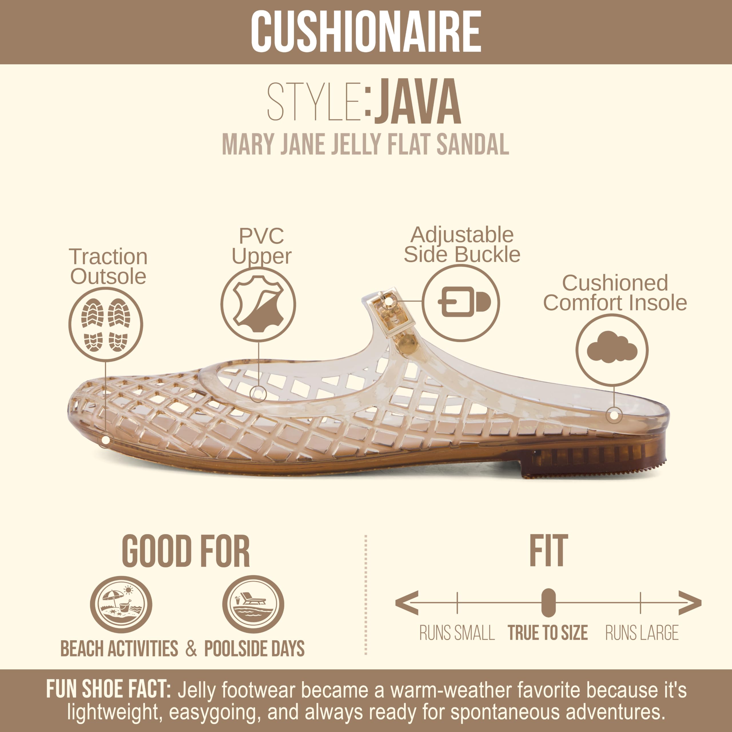 CUSHIONAIRE Java Casual Womens Jelly Flats with Adjustable Strap, Closed Toe Mary Janes Mule Design, Waterproof Jelly Sandals for Women, Mocha 8