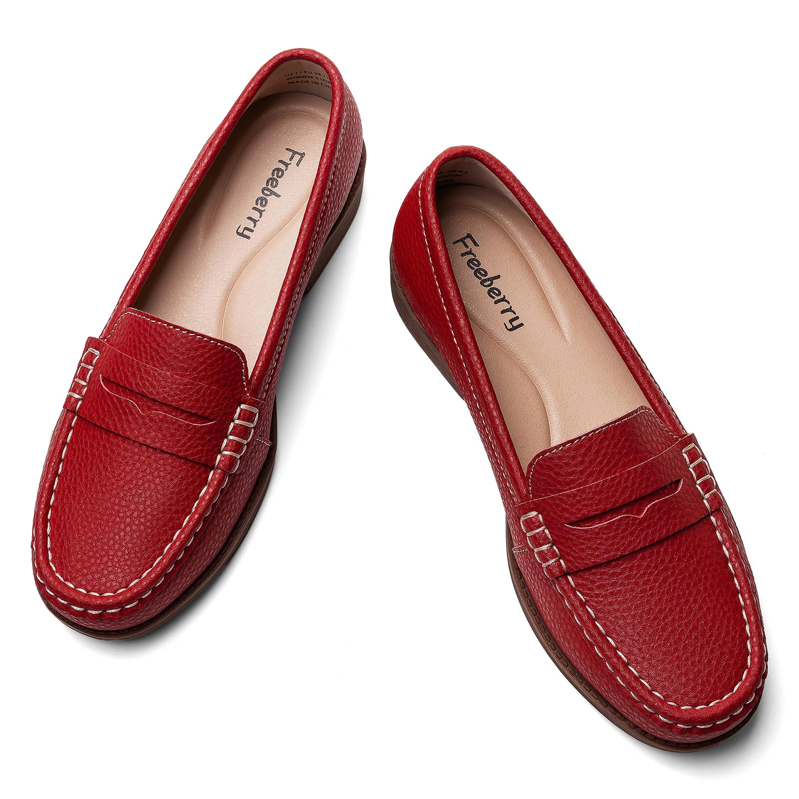 Freeberry Women's Comfortable Leather Penny Loafers Slip On Business Casual Dress Shoes Lightweight Office Work Flats Everyday Walking Shoes for Women, Red, 10.5 M US
