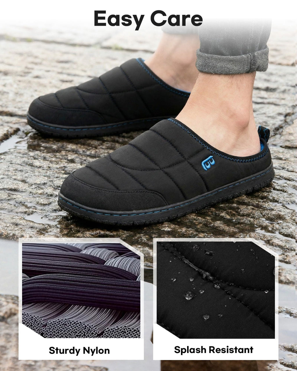 LongBay Mens Slip on Slippers Two-Tone Memory Foam House Shoes Black,10