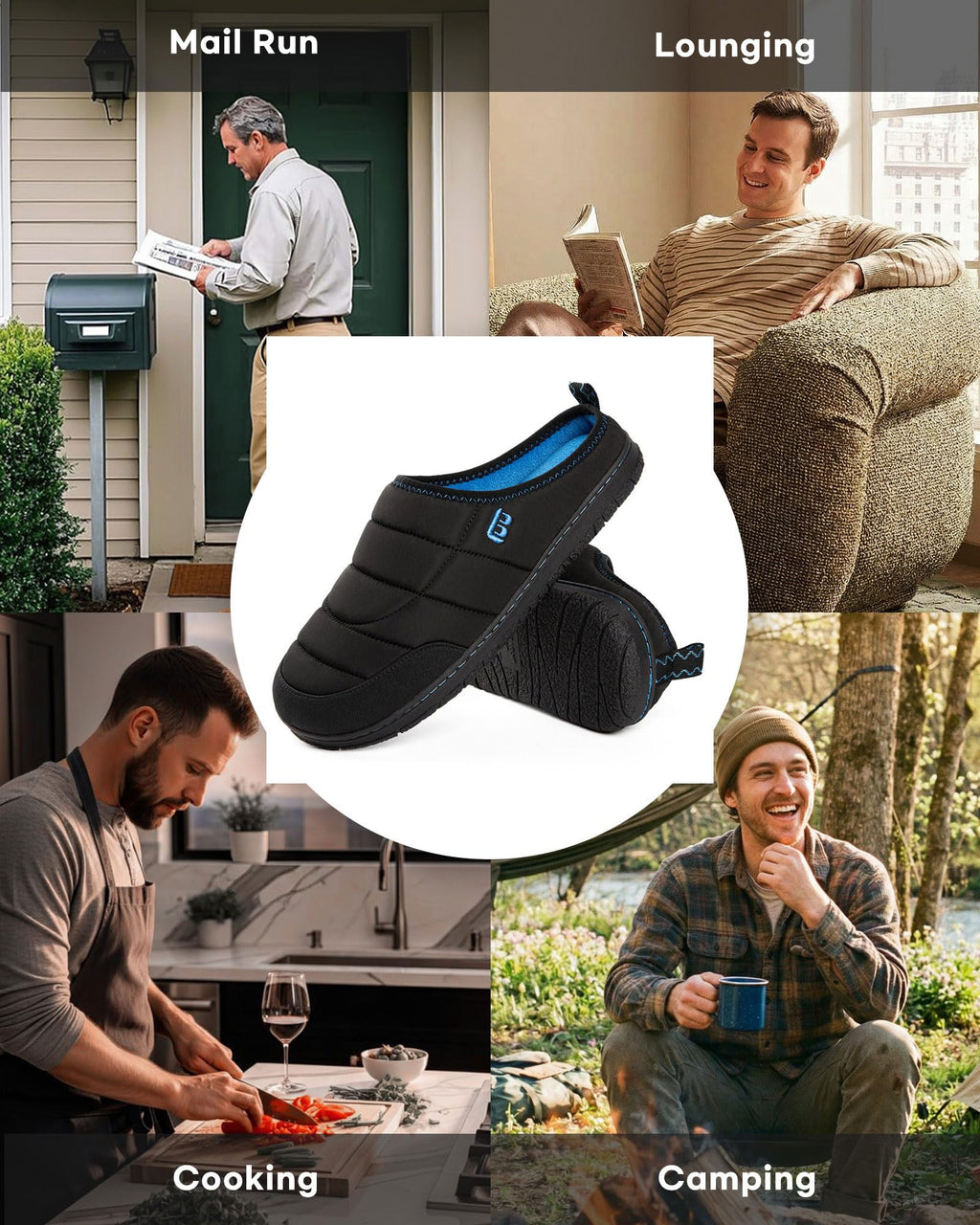 LongBay Mens Slip on Slippers Two-Tone Memory Foam House Shoes Black,10