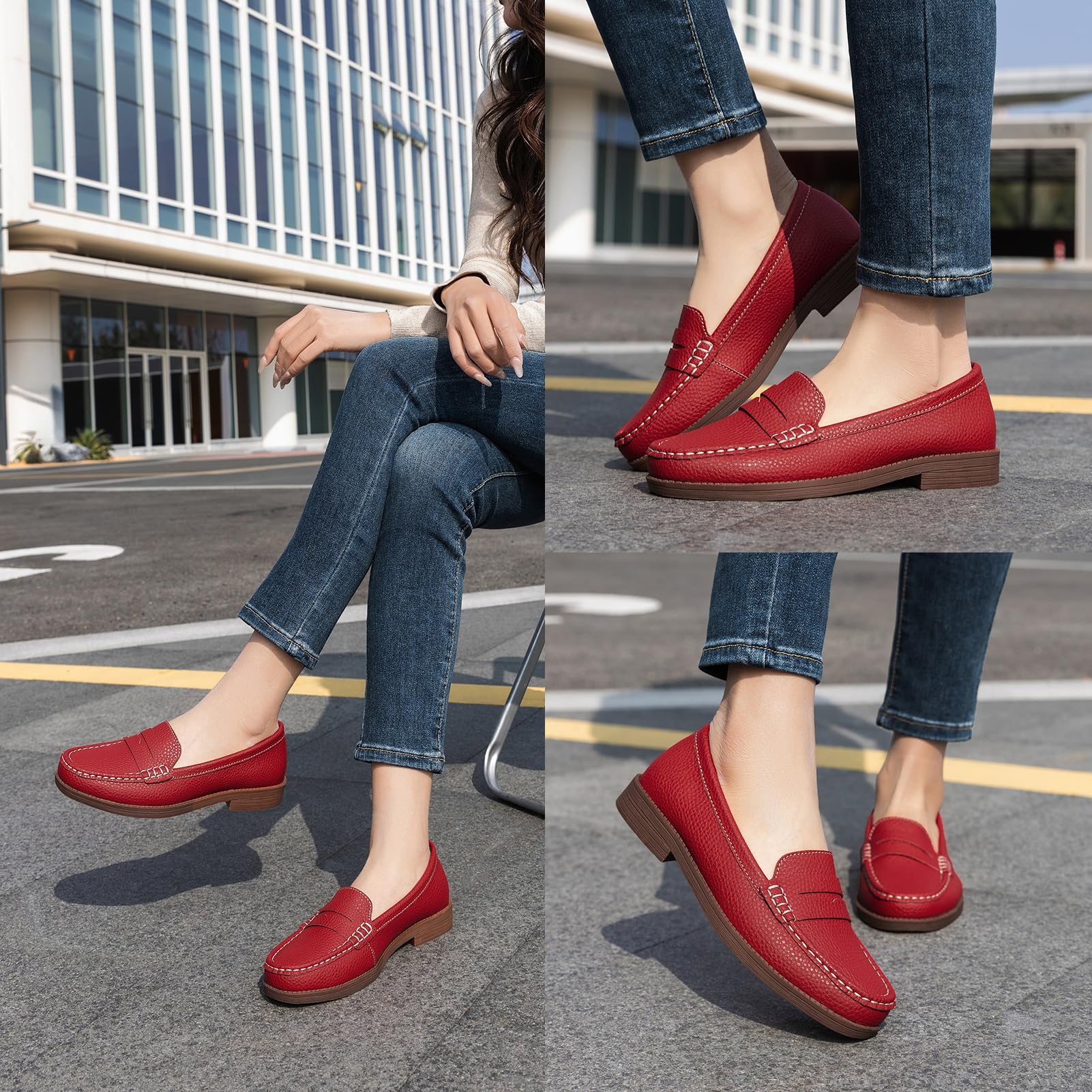 Freeberry Women's Comfortable Leather Penny Loafers Slip On Business Casual Dress Shoes Lightweight Office Work Flats Everyday Walking Shoes for Women, Red, 8 M US