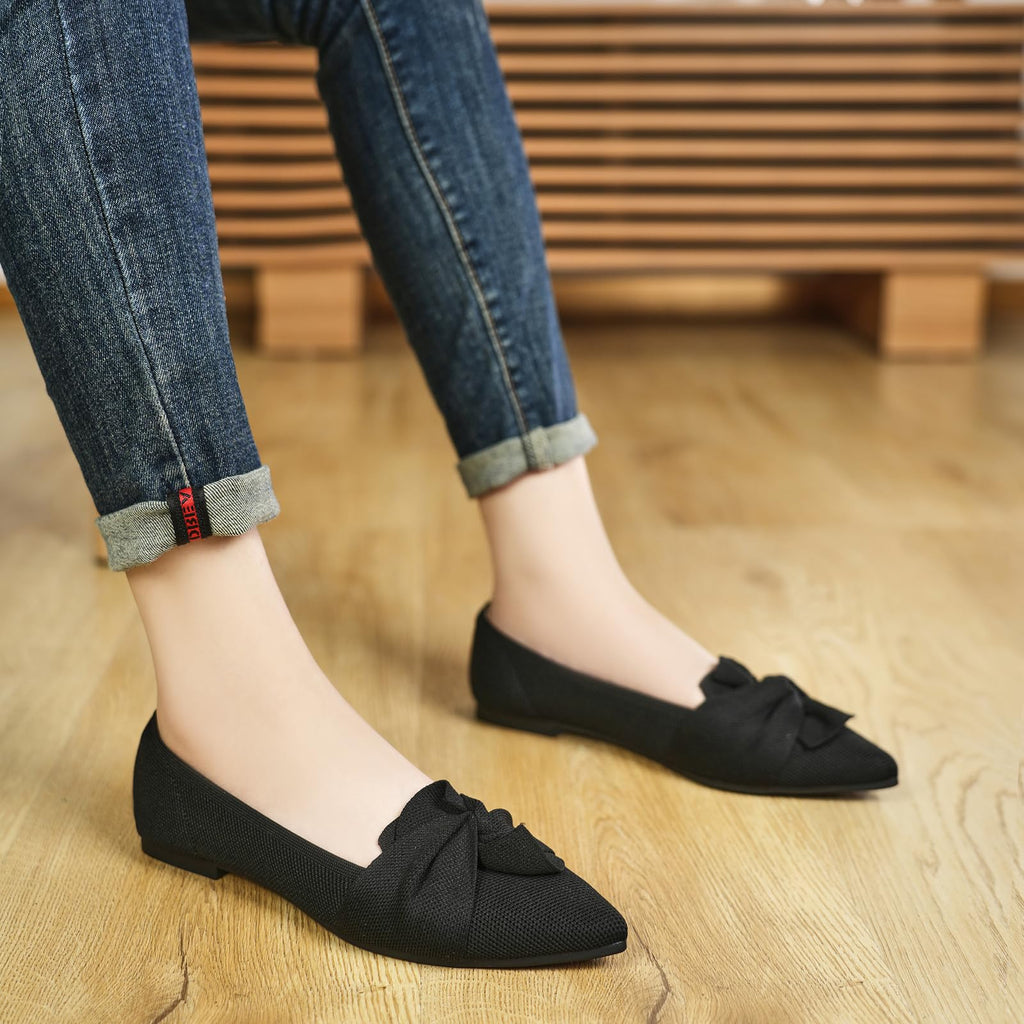 HIULYCENCE Women's Flats Shoes Pointed Toe Ballet Flats with Bow Comfortable Knit Dressy Flats Black US8.5